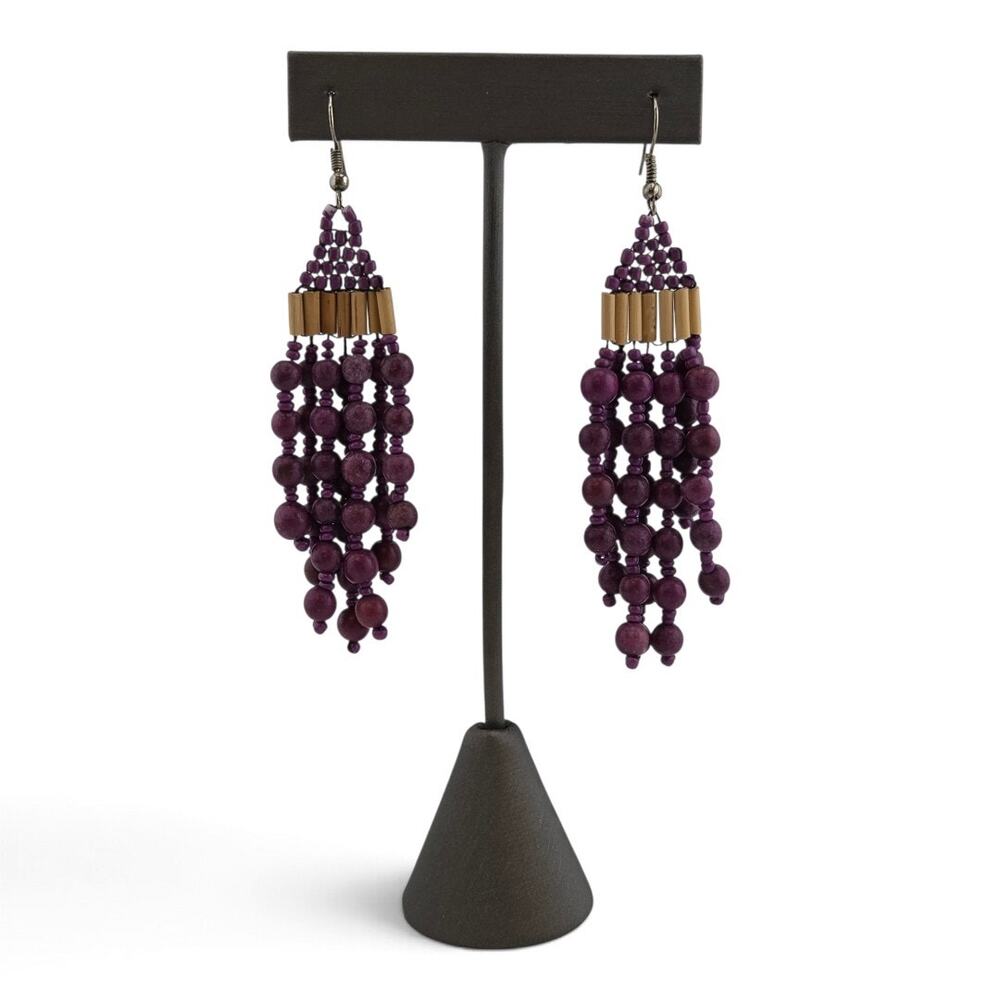 Vintage Purple Wood Bead Fringe Dangle Earrings Boho Lightweight Pierced